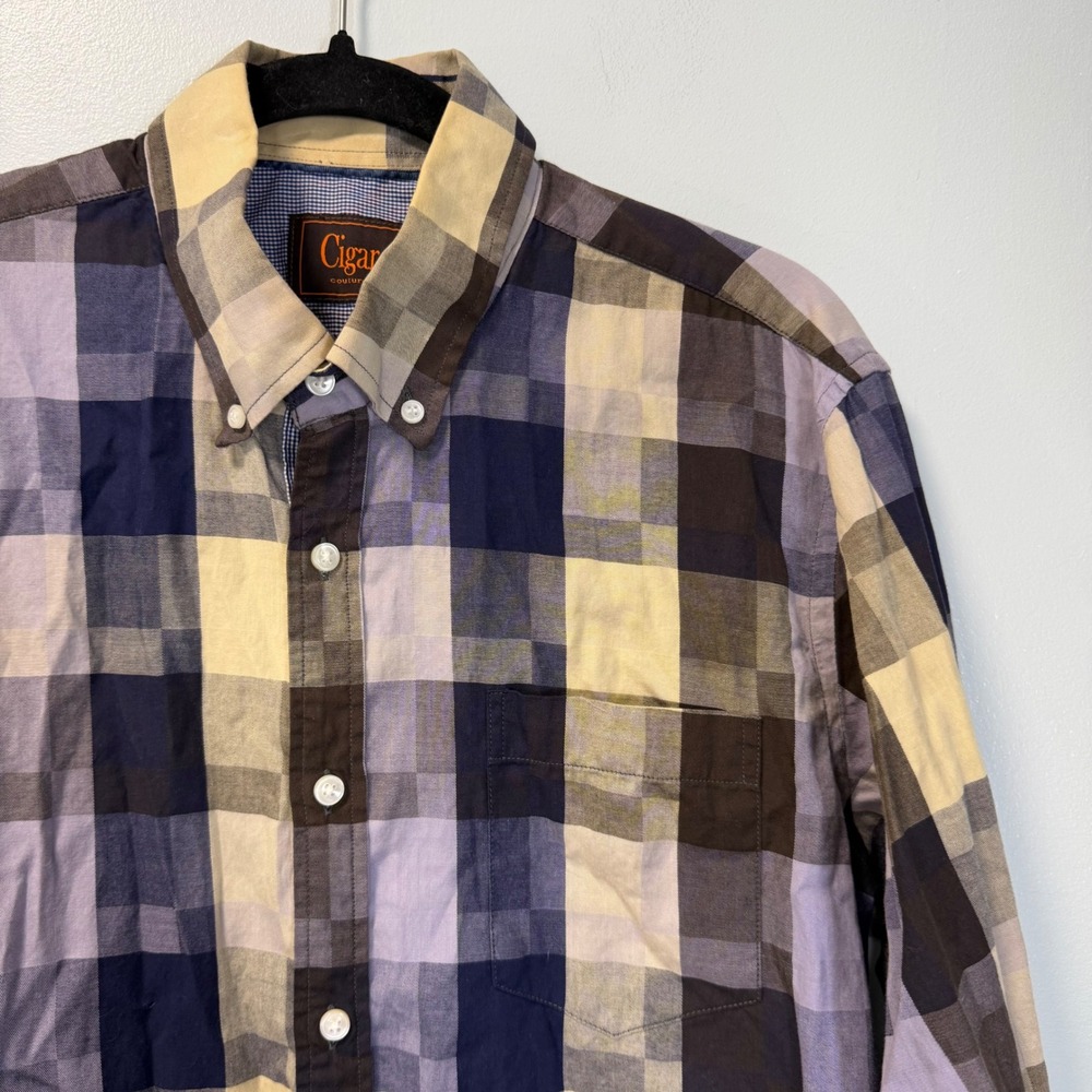 Cigar Couture Mens Plaid Button Down Shirt Medium Purple Tan Blue Long Sleeve